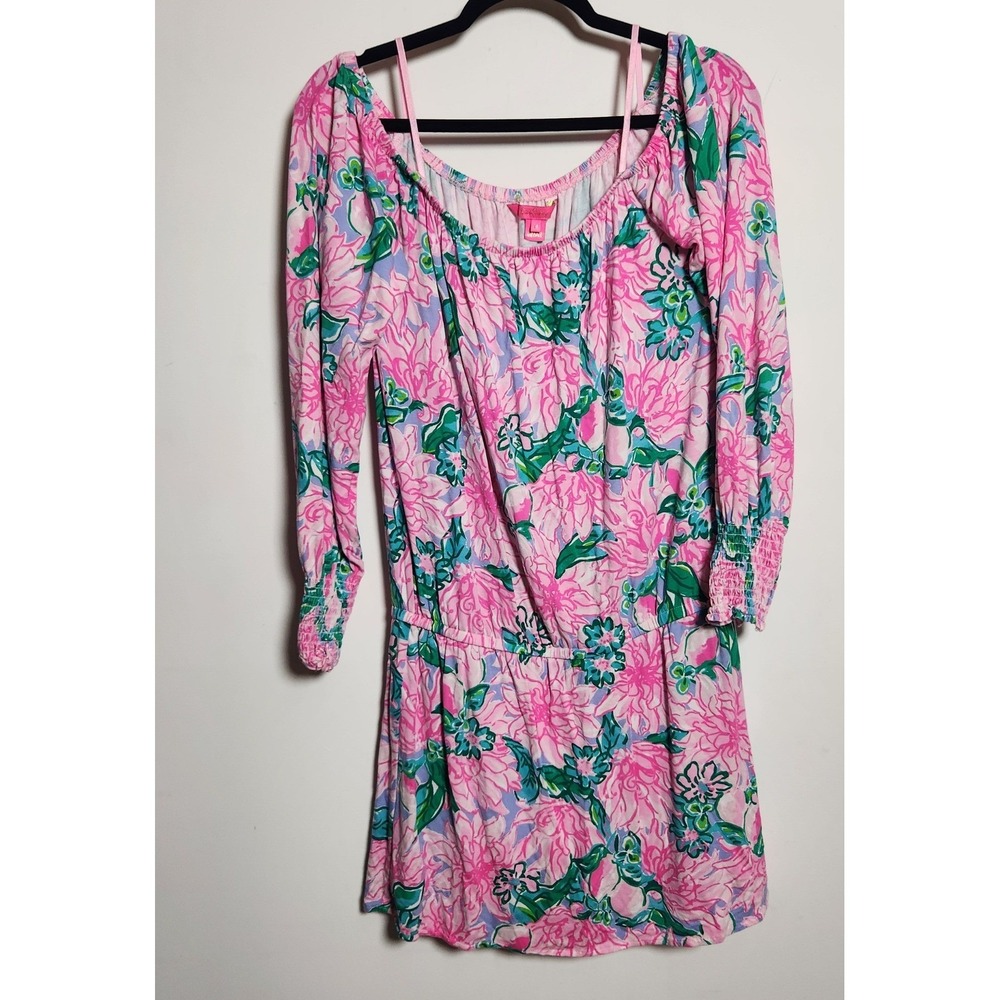 Lilly Pulitzer Lana Skort romper Pink Blossom Try Your Zest Sz M Off Shoulder - Picture 2 of 10